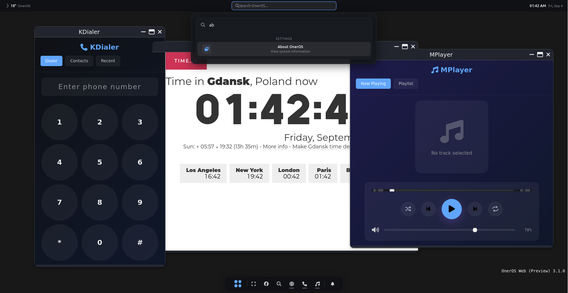 OnerOS Web Preview 3.1.0 — Fluent Valley with KDialer, MPlayer, and time widgets running in themed windows