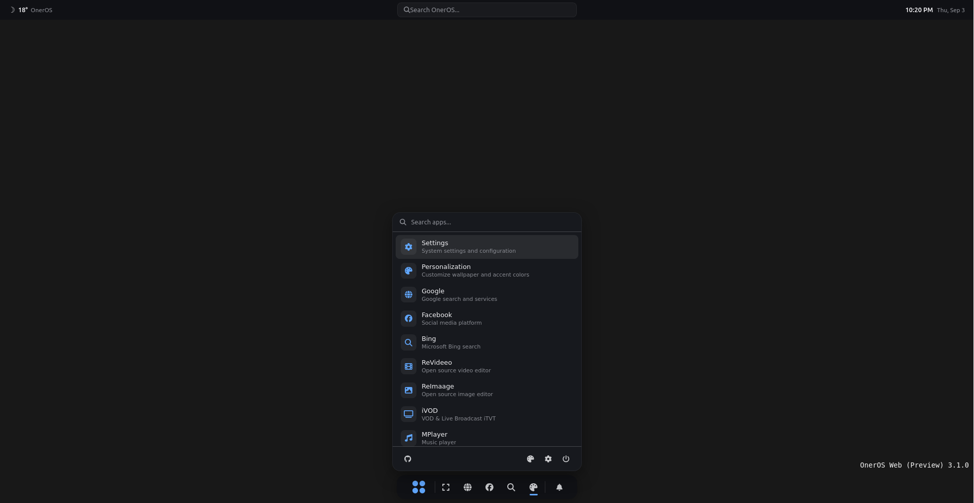 OnerOS application launcher showing Settings, Personalization, and system apps