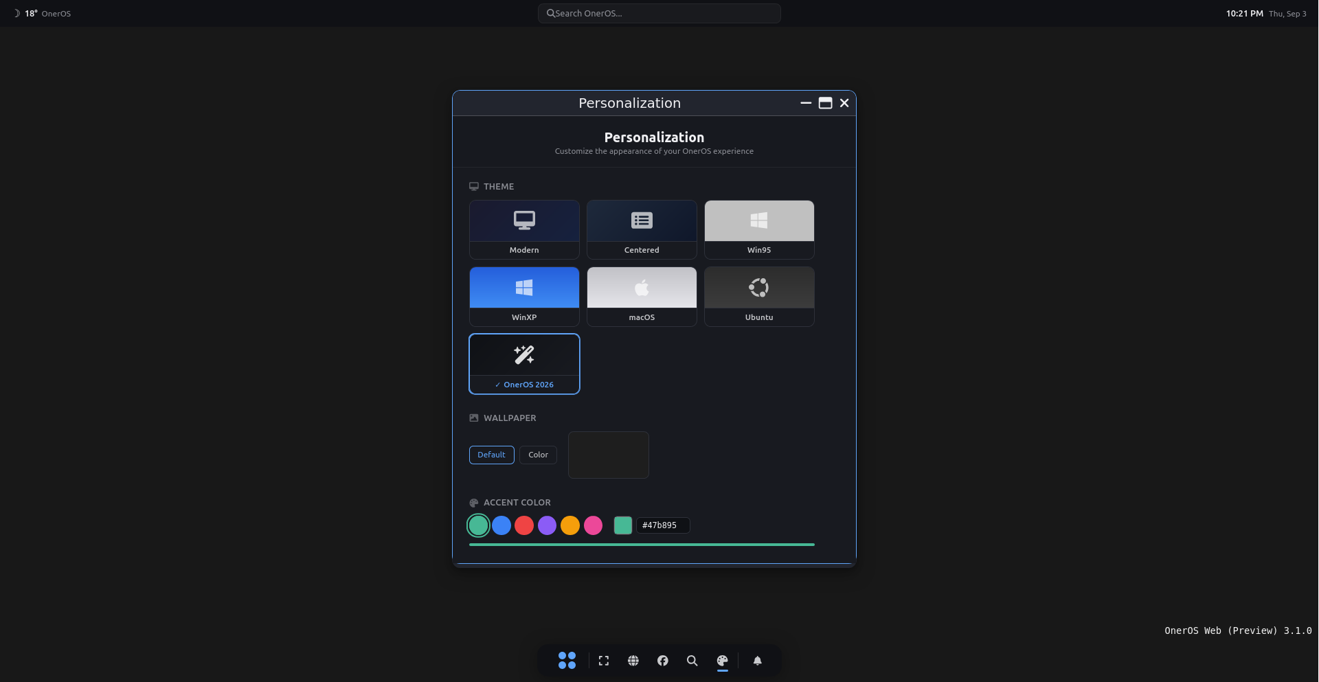 OnerOS Personalization settings with 7 themes, wallpapers, and accent colors