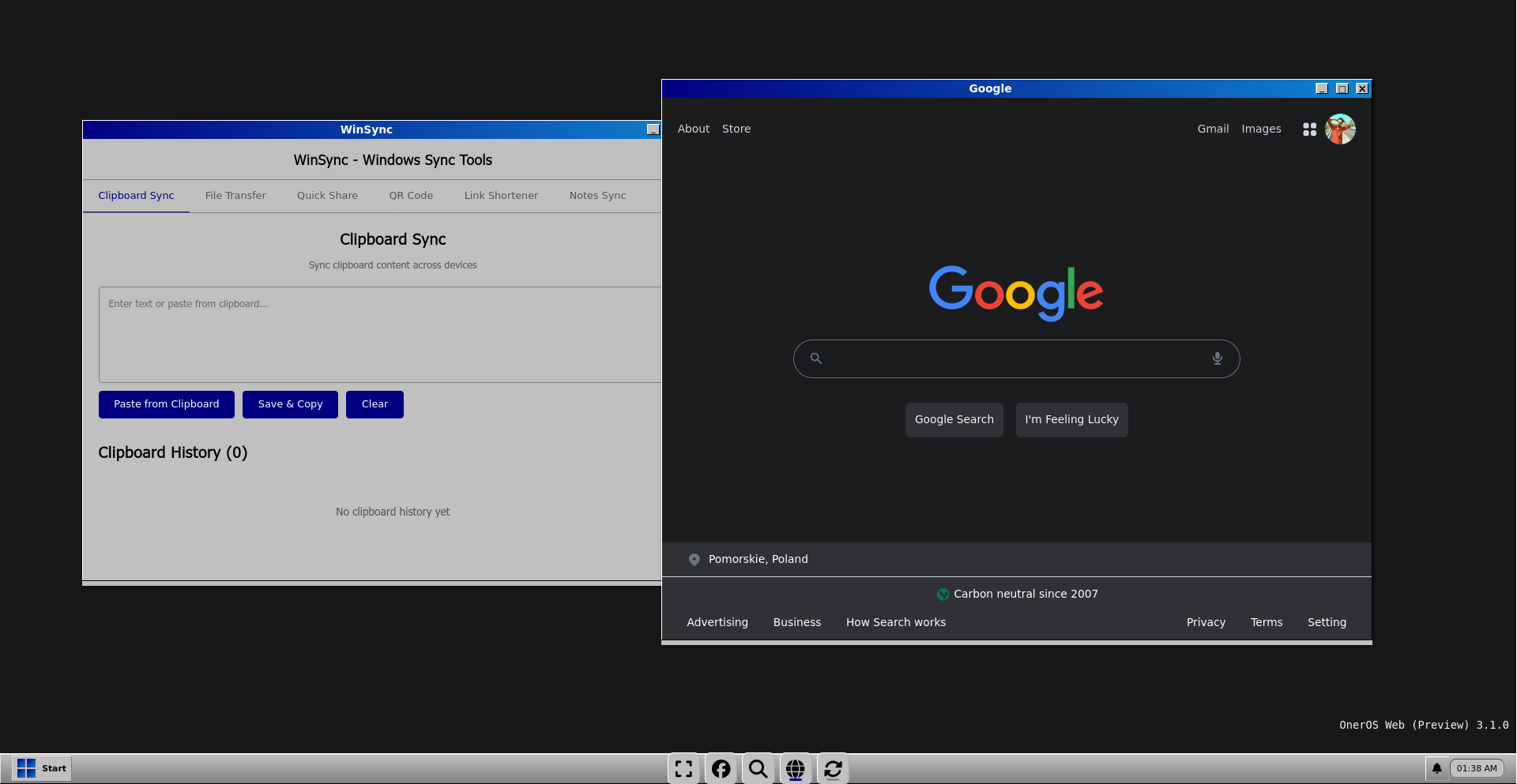 OnerOS running Win95 theme with WinSync and Google apps